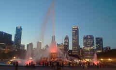 Buckingham Fountain with Donald E. Stephens Convention Center in the background