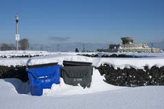 Buckingham Fountain covered in snow after a blizzard in Chicago