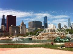 Buckingham Fountain in Chicago illuminated at night with city skyline in the background