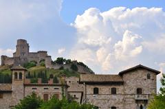 Panoramic view of Assisi showing historic buildings and lush landscape