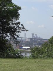 View of Köhlbrandbrücke and Hamburg Harbor from Heine Park in Hamburg Altona