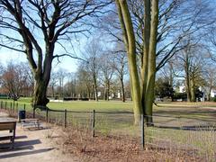 Heine Park in Hamburg with historic buildings and Elbe River view