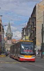 Tram Škoda 15T on line 9 in front of Jindřišská věž in Prague