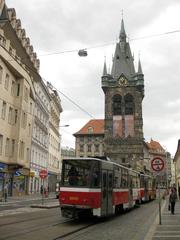 Tram at Jindřišská Street with St. Henry's Tower in Prague