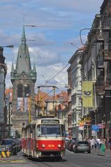 Historic Jindřišská Tower in Prague with T3R.P tram 8216 on route 9