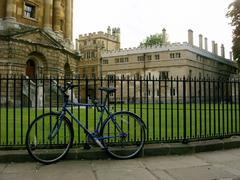 bicycle leaning against railings at Radcliffe Camera in Oxford