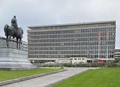 Office building at Avenue Marnix in Brussels with statue of Leopold II