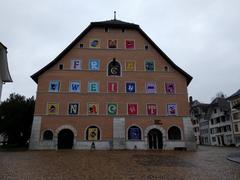 Historic house with letters on the facade in Solothurn, Switzerland