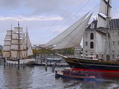 Sailing ships in the Oosterdok harbor, Amsterdam