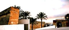 Es Baluard museum interior terrace with sculptures and Palma Bay in the background