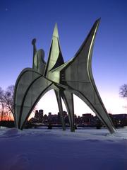 L'Homme sculpture by Alexander Calder in Parc-des-Îles, Montréal, at dusk