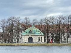 Fontaine Hubertus in Munich as seen from the basin at the end of the canal