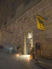 The entrance to the Royal Armoury museum in Sweden at night