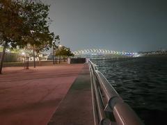 Sabarmati riverfront and Atal Pedestrian Bridge at night with colorful lighting