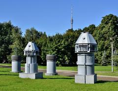 Ventilation shafts of the Memorial Museum of Cosmonautics in Moscow with the Ostankino Tower in the background