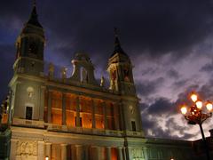 Catedral de La Almudena at night in Madrid, Spain