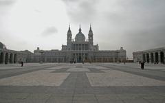 North façade of Almudena Cathedral in Madrid, Spain