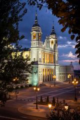 Facade of the Almudena Cathedral at dusk, Madrid