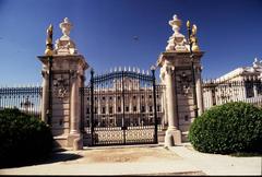 Panoramic view of Madrid with prominent buildings and blue sky