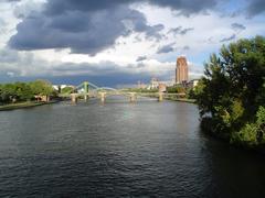 Frankfurt cityscape at sunset with skyscrapers and the Main River