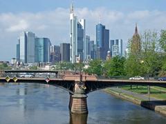 Frankfurt skyline over the Main River viewed from Flößerbrücke