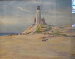 Derelict schooner washed ashore on a beach with a lighthouse in the background