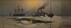 Painting of a City Ice Boat towing a three-master through ice on Delaware River