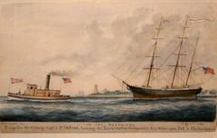 Watercolor painting of tugboat William Cramp towing a bark ship on the Delaware River