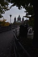 Kabelsteg and Saint Lukas in Munich at sunset