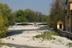 Munich Isar River with bridges and greenery