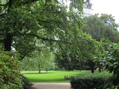 Rothschildpark in Frankfurt with lush greenery and tall buildings