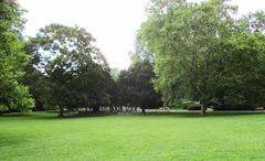 Rothschildpark in Frankfurt with lush greenery and modern buildings in the background