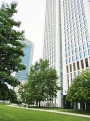 Rothschildpark in Frankfurt with Park Tower and Opernturm buildings