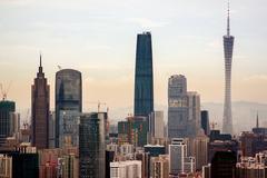 Skyline of Guangzhou with tall buildings and Canton Tower