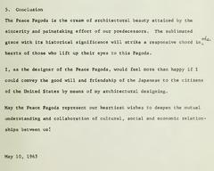 Conclusion of May 10, 1963 report by Yoshiro Taniguchi, from The Peace Pagoda - Its Beauty and Its Spirit