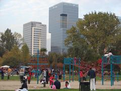 Arauco Park in Las Condes with surrounding skyscrapers in Santiago, Chile