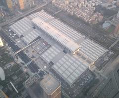 Shenzhen Convention and Exhibition Center viewed from Free Sky observation deck at Ping An Finance Centre in Shenzhen