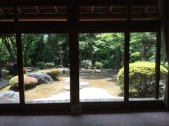 traditional Japanese garden landscape with stone lantern and pond