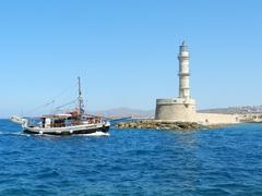 Panoramic view of Chania with coastal buildings and the sea