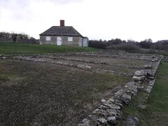 North Leigh Roman Villa ruins with grassy area