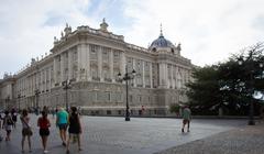 cityscape view of Madrid with historical and modern buildings under a blue sky