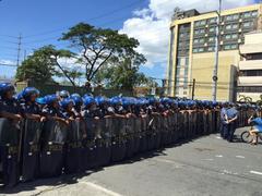 Philippine riot police blocking a road during APEC 2015 in Pasay City