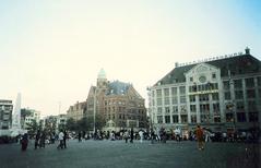 Plaça Dam in Amsterdam with people gathering