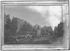 Rembrandtplein west side with Rembrandt statue, houses, and streets from a painting by A. Scheerboom, 1872