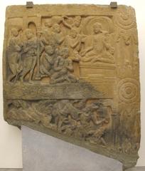 Ancient sculpture from Nagarjunakonda, Andhra Pradesh depicting the conversion and ordination of Nanda and a battle scene, 3rd century.