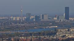 View of Donau City and the Donauturm in Vienna with the Danube River