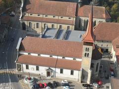 Church and Place Notre-Dame in Fribourg, Switzerland, viewed from the Cathedral St. Nicolas bell tower