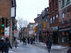 Chinatown street scene with traditional red lanterns hanging across the street