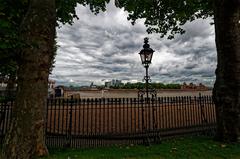 Old Royal Naval College and Docklands high-rises viewed from Cutty Sark Gardens in Greenwich