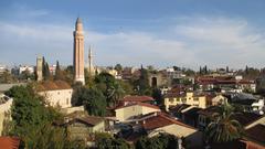 Kaleiçi historical center in Antalya with Yivli Minaret, Tekeli Mehmet Pasha Mosque, and Clock Tower